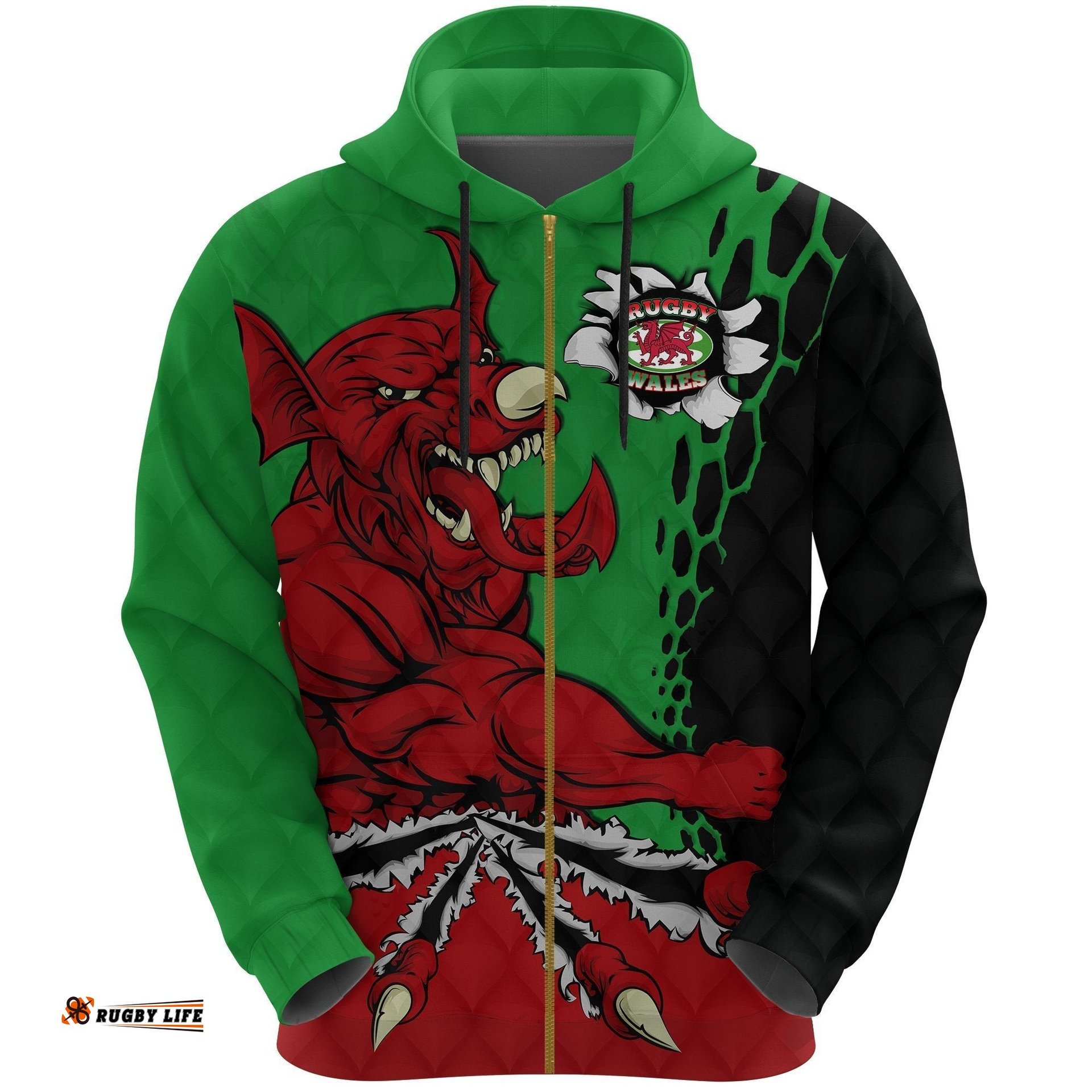 Wales Rugby Zip Hoodie Welsh Dragon