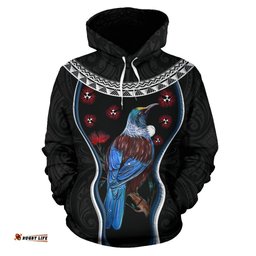 New Zealand Tui Bird Hoodie, Pohutukawa Pullover Hoodie Black