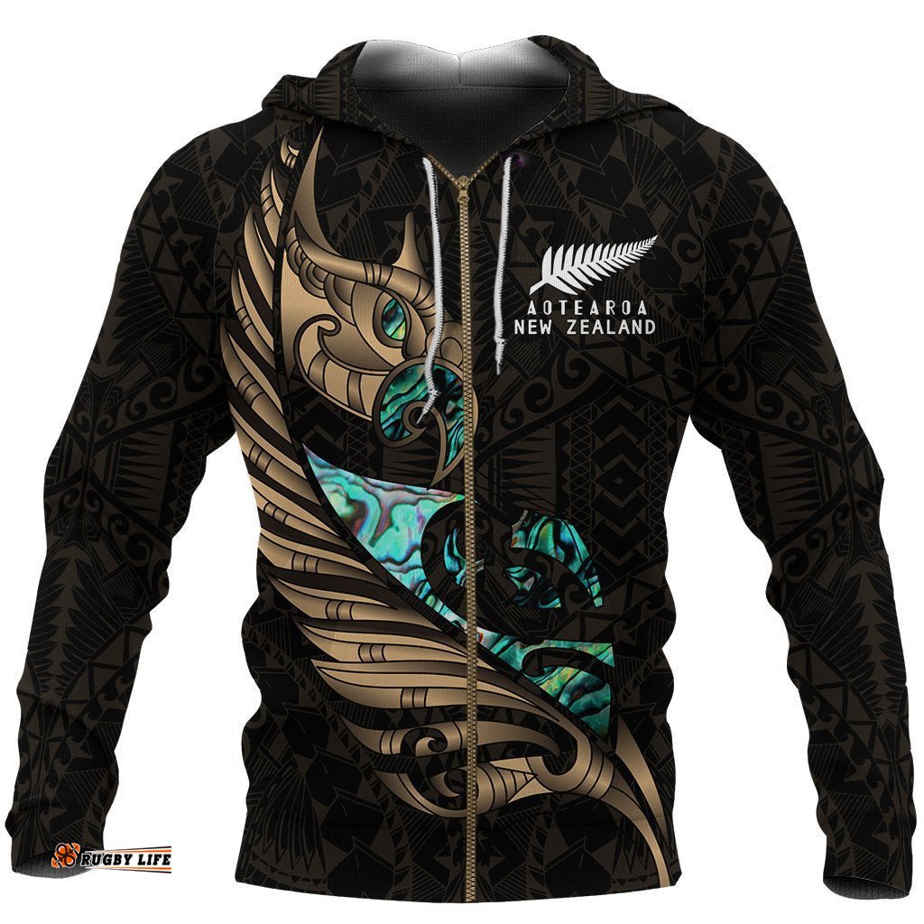 New Zealand Zip Hoodie Manaia Paua Fern Wing Gold