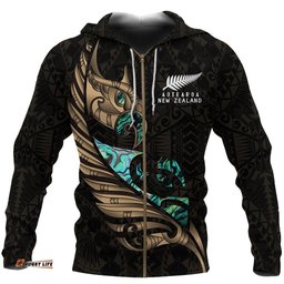New Zealand Zip Hoodie Manaia Paua Fern Wing Gold