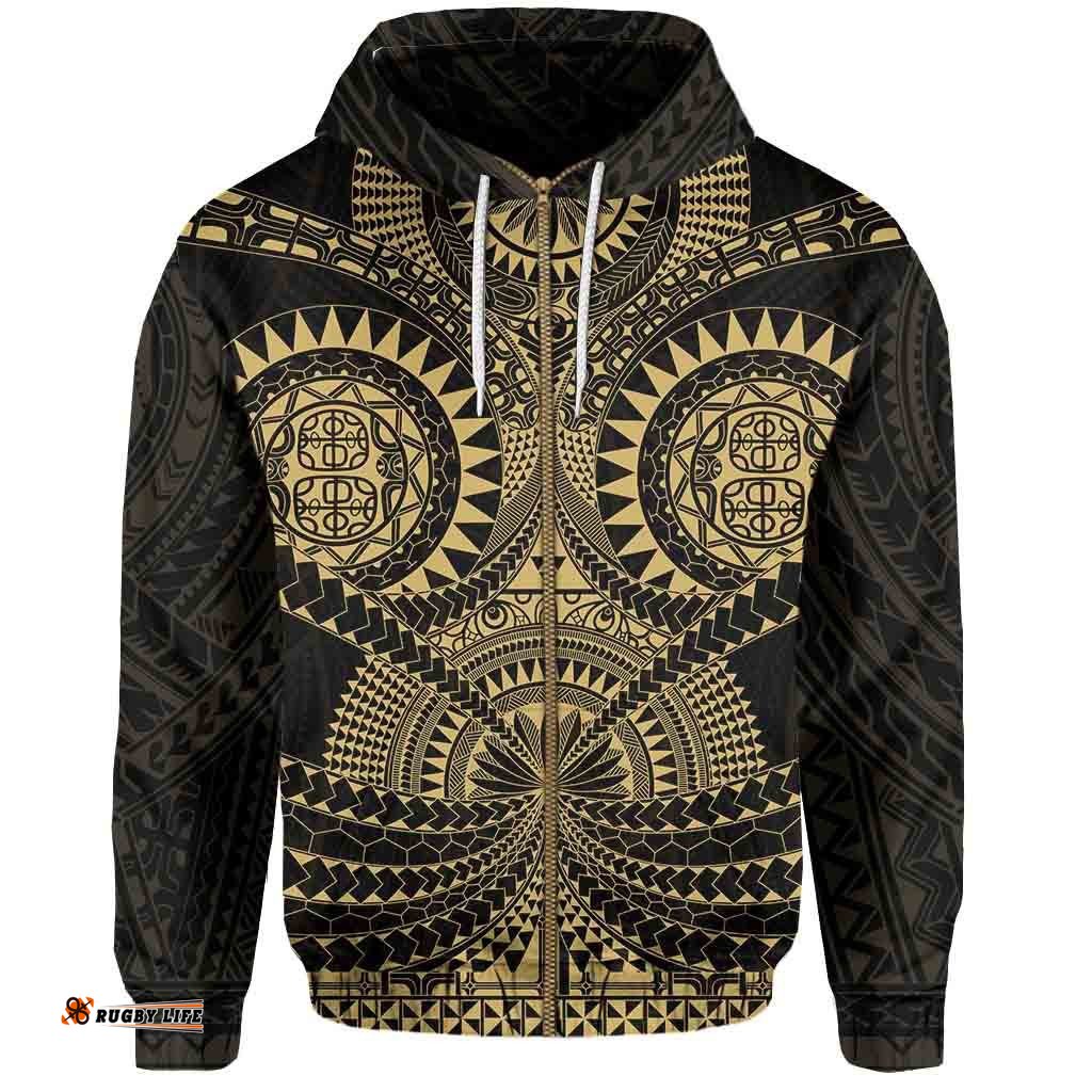 Polynesian Tattoo All Over Print Zip Hoodie Gold