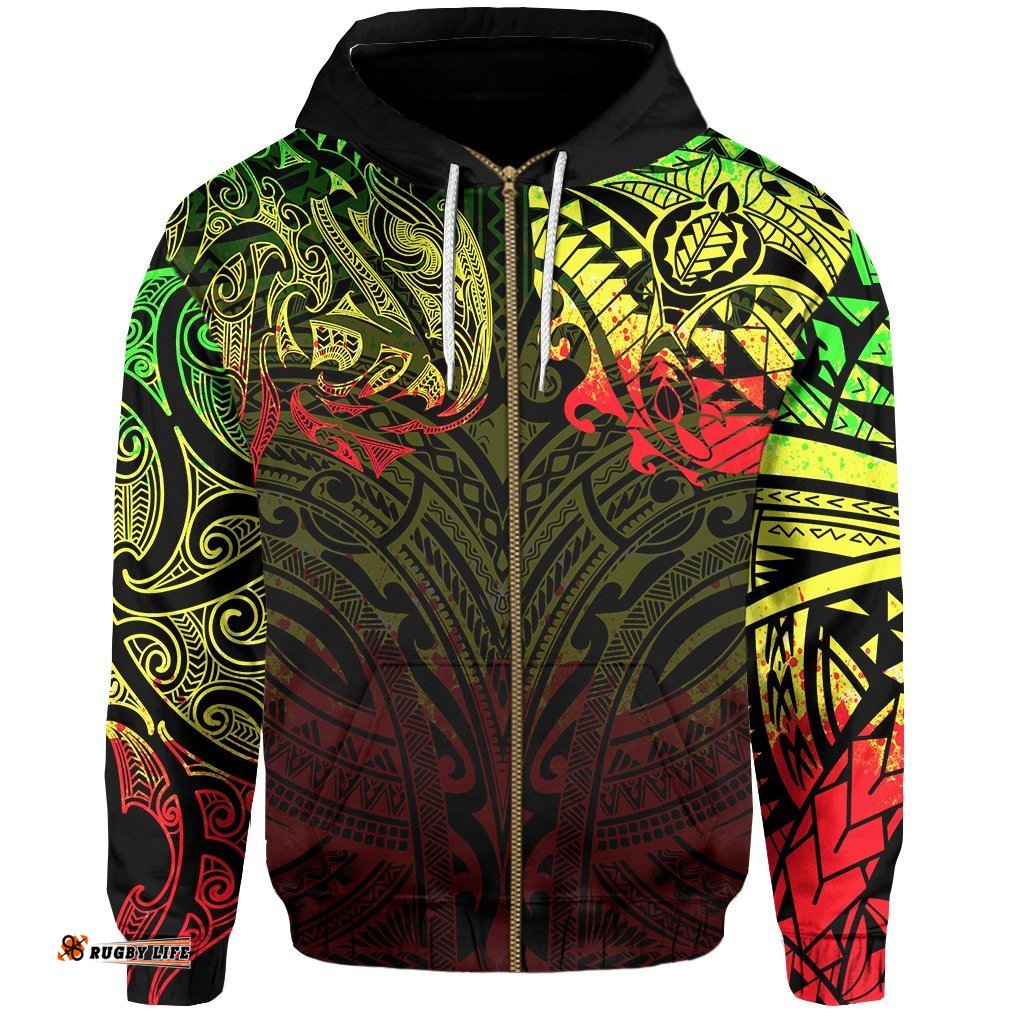 New Zealand Zip Hoodie, Maori Polynesian Tattoo Reggage