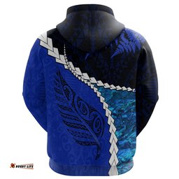 Paua Shell Maori Silver Fern Zip Hoodie Cobalt