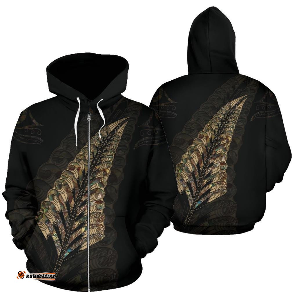 New Zealand Golden Paua Shell Fern Zip Hoodie