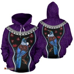 New Zealand Tui Bird Hoodie, Pohutukawa Pullover Hoodie Purple