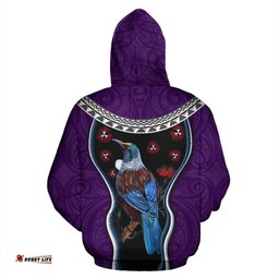 New Zealand Tui Bird Hoodie, Pohutukawa Pullover Hoodie Purple