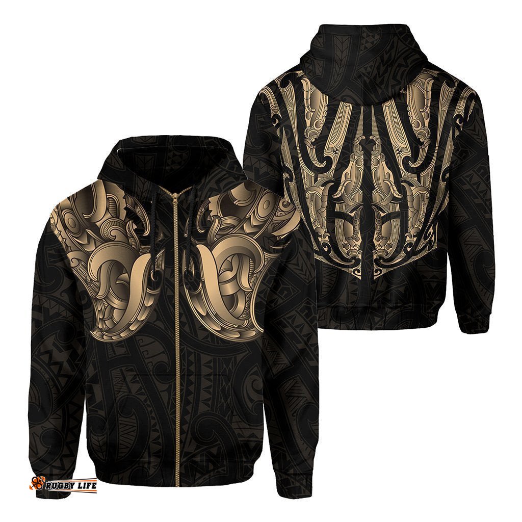 Maori Ta Moko Zip Hoodie New Zealand Gold