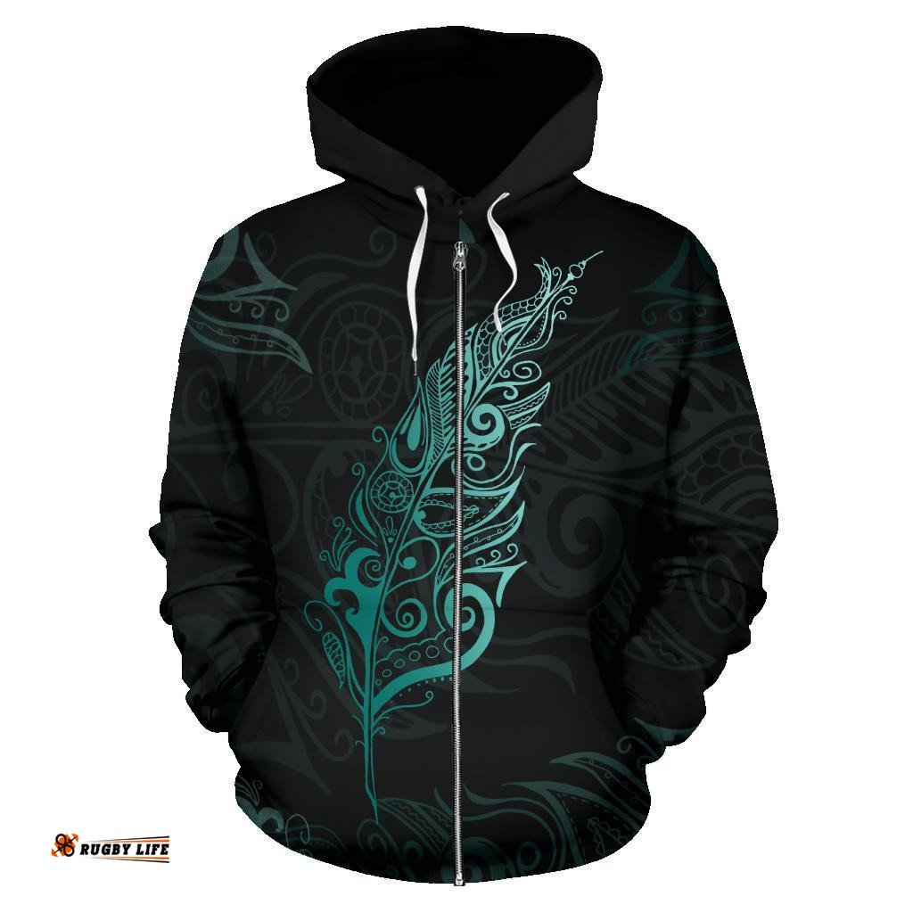 Light Silver Fern New Zealand Zip Hoodie Turquoise