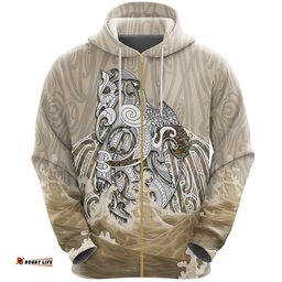 Maori Manaia The Blue Sea Zip Hoodie, Golden