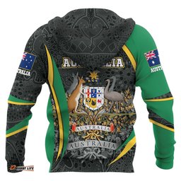 Aboriginal Zip Up Hoodie, Australian Coat of Arms Aussie Spirit Green