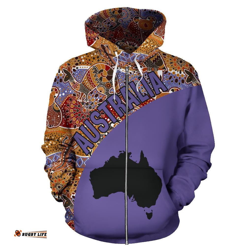 Aboriginal Zip Up Hoodie, Australia Map Patterns Koala Kangaroo 01 02