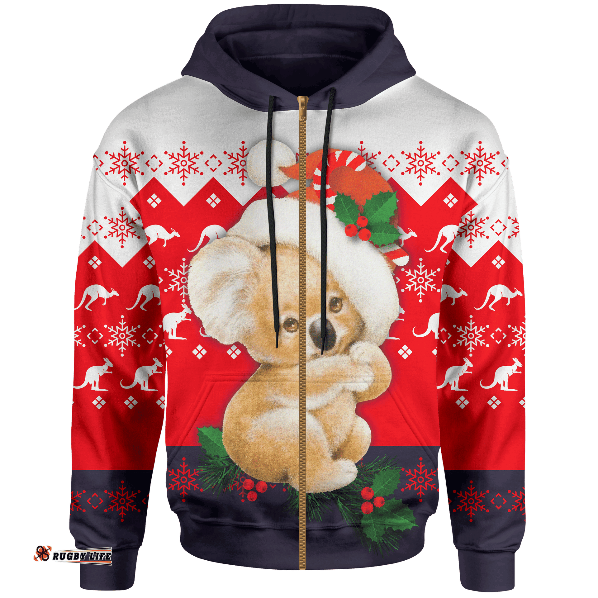 Christmas Zip Up Hoodie Koala Hoodie Kangaroo Symbol Snowflakes Unisex