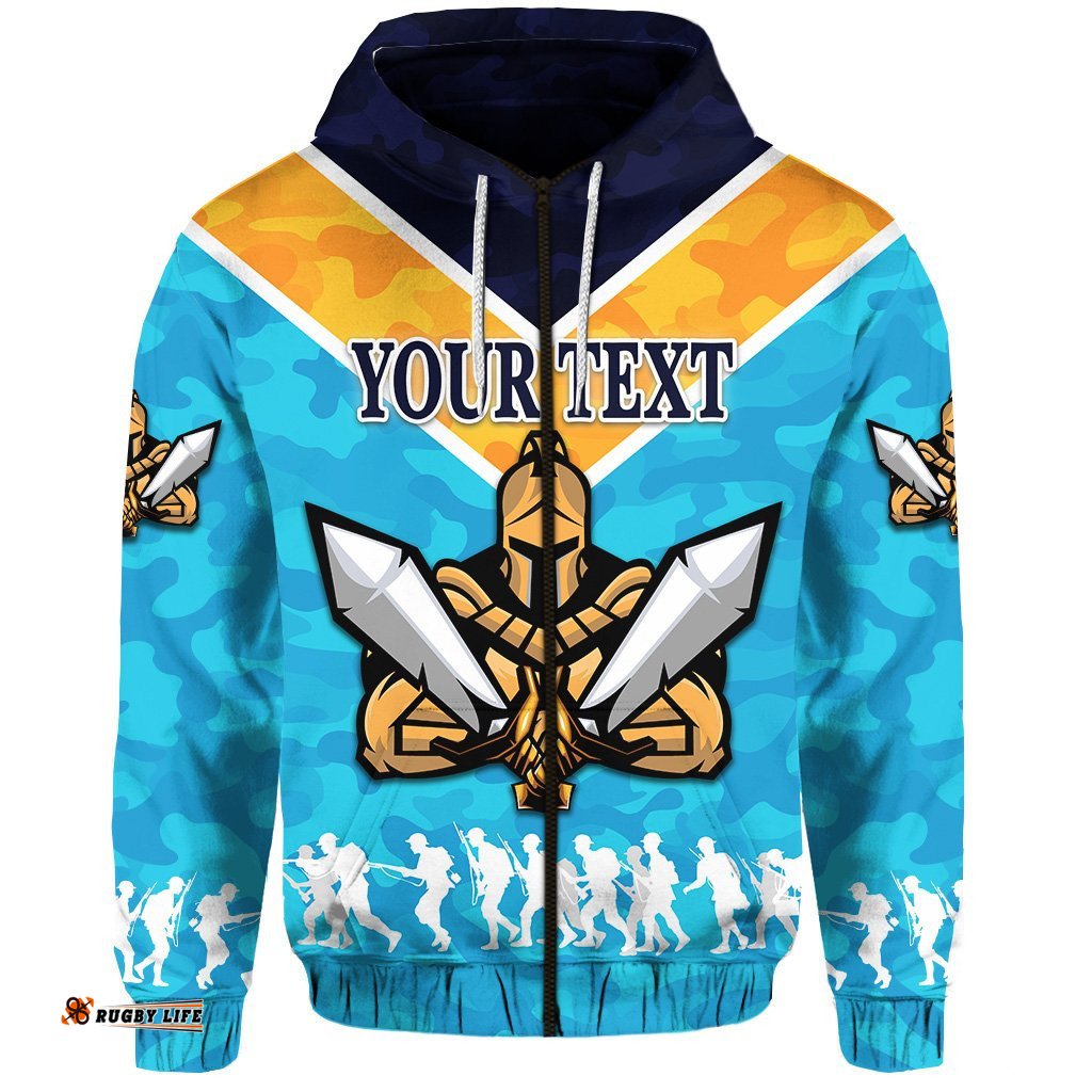 Custom Personalised Gold Coast Zip Hoodie Titans Gladiator ANZAC Vibes