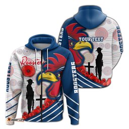 Custom Personalised Australia Roosters Zip Up Hoodie ANZAC Day Three Tiles Style