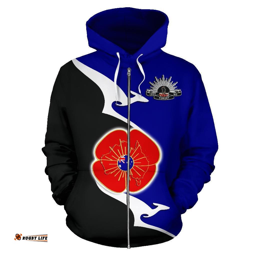 ANZAC Zip Up Hoodie Lest We Forget Poppy Map Kangaroo Blue