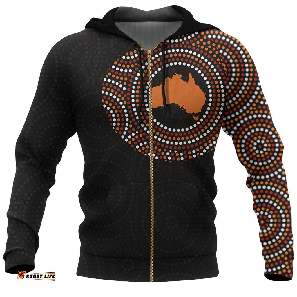 Aboriginal Zip Up Hoodie, Australia Map Dot Painting Tattoo