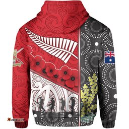 ANZAC Day Lest We Forget Zip Hoodie Australia Indigenous and New Zealand Maori Red