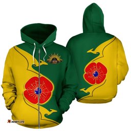 ANZAC Zip Up Hoodie Lest We Forget Poppy Map Kangaroo