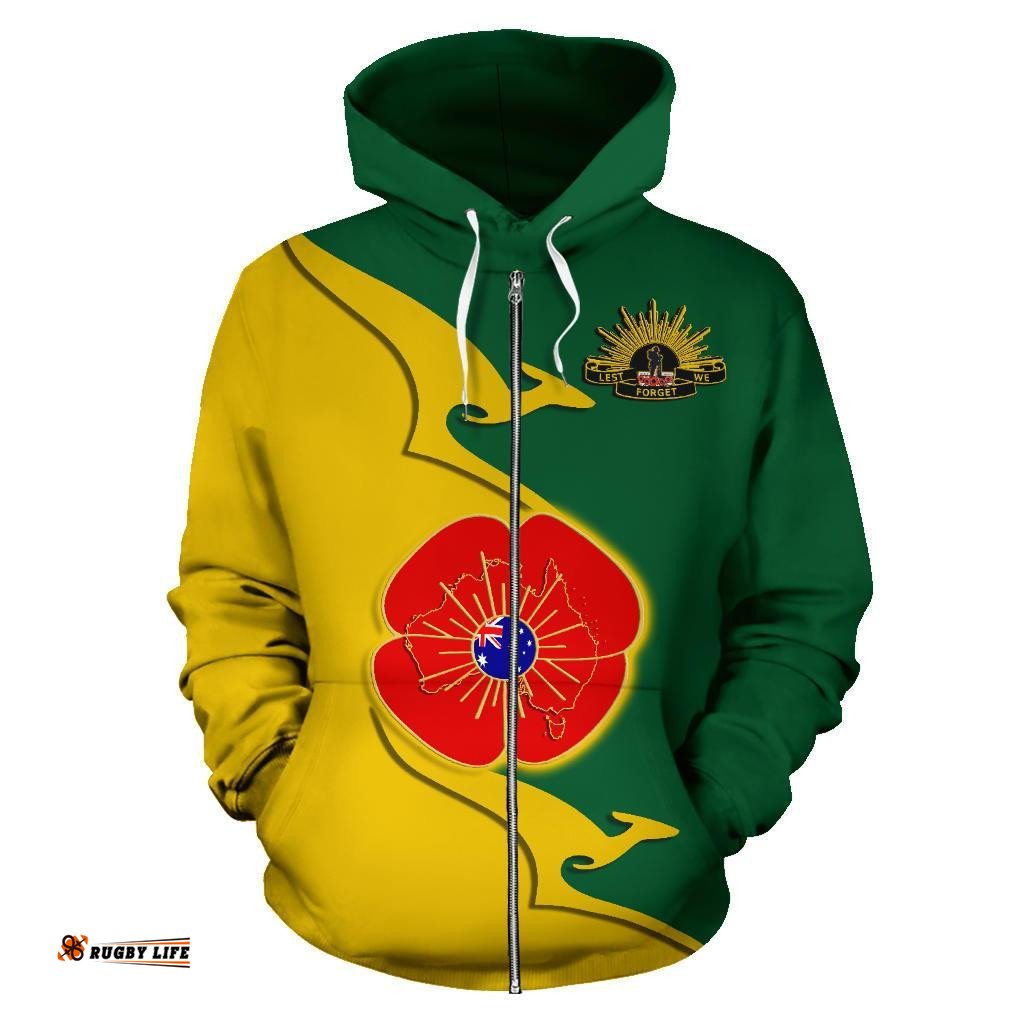 ANZAC Zip Up Hoodie Lest We Forget Poppy Map Kangaroo