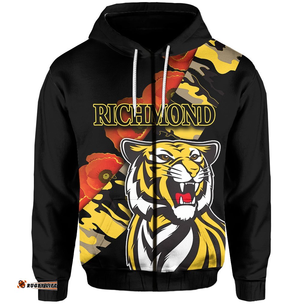 Richmond Tigers Zip Hoodie ANZAC Day Poppy Flowers