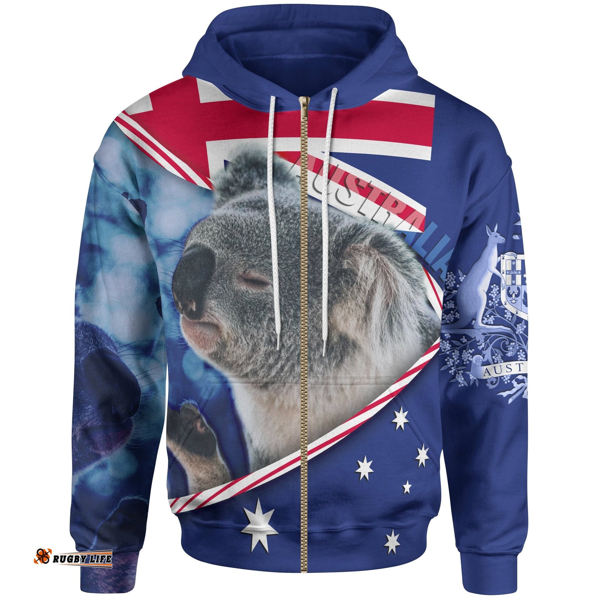 Zip Up Hoodie Australia Flag and Coat Of Arms Hoodie Koala 3D