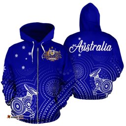 Aboriginal Zip Up Hoodie, Kangaroo Dot Painting Australian Coat Of Arms