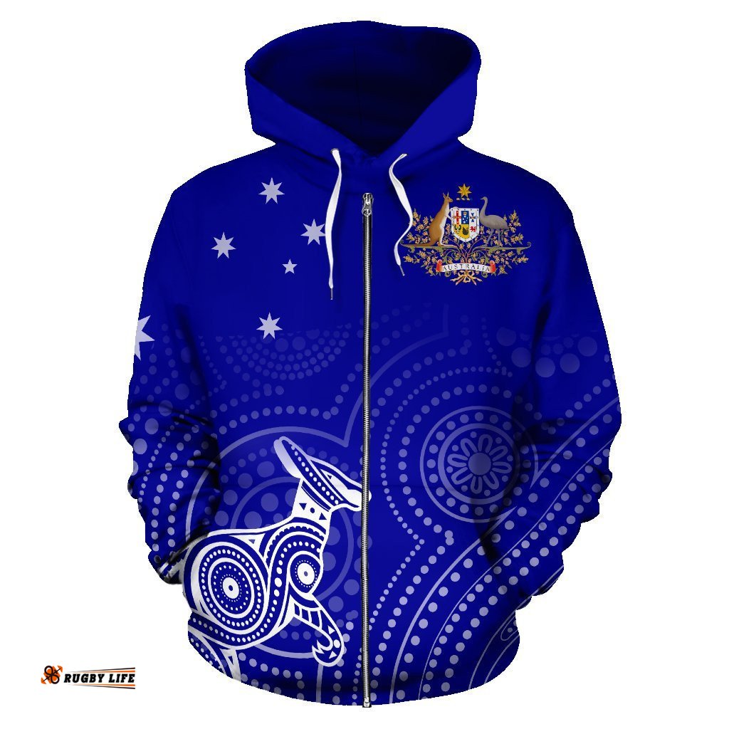 Aboriginal Zip Up Hoodie, Kangaroo Dot Painting Australian Coat Of Arms