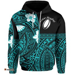 Custom Personalised Polynesian Rugby Hoodie Love Turquoise Custom Text and Number
