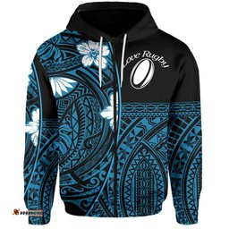 Custom Personalised Polynesian Rugby Zip Hoodie Love Blue Custom Text and Number