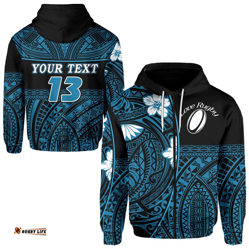 Custom Personalised Polynesian Rugby Zip Hoodie Love Blue Custom Text and Number