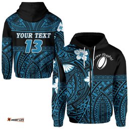 Custom Personalised Polynesian Rugby Zip Hoodie Love Blue Custom Text and Number