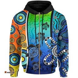 Aboriginal Zip Up Hoodie Indigenous Turtle Dot Painting Art