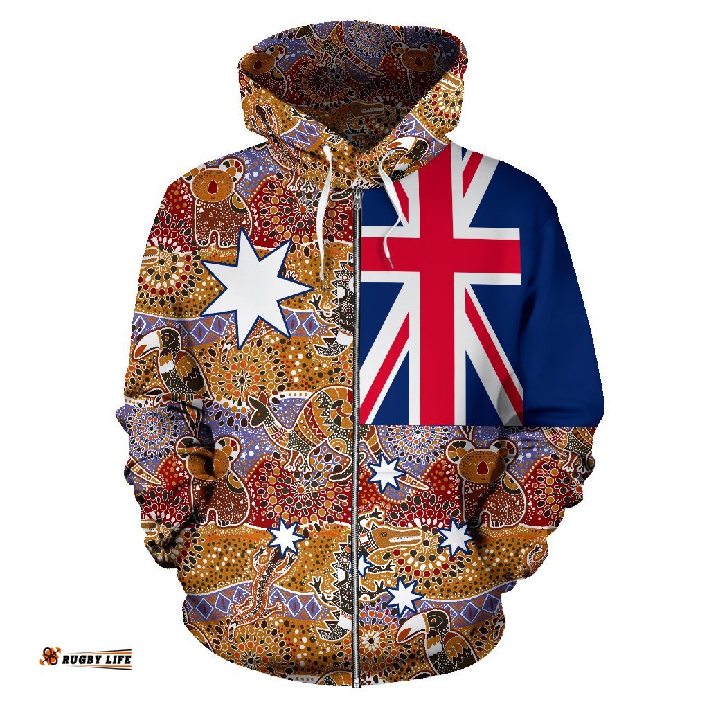 Aboriginal Zip Up Hoodie, Koala Kangaroo Patterns Aus Flag