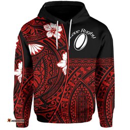 Custom Personalised Polynesian Rugby Hoodie Love Red Custom Text and Number