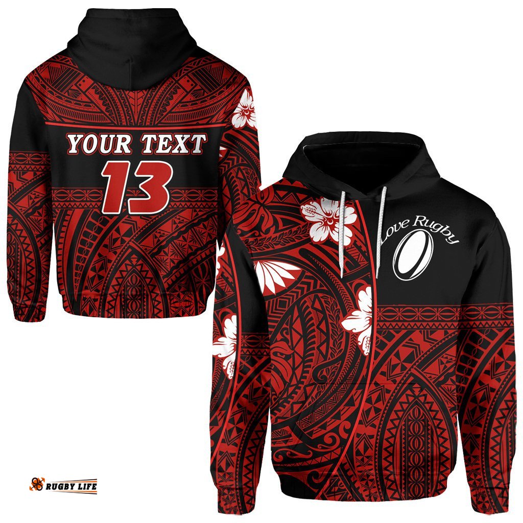 Custom Personalised Polynesian Rugby Hoodie Love Red Custom Text and Number