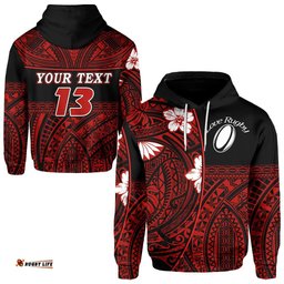 Custom Personalised Polynesian Rugby Hoodie Love Red Custom Text and Number