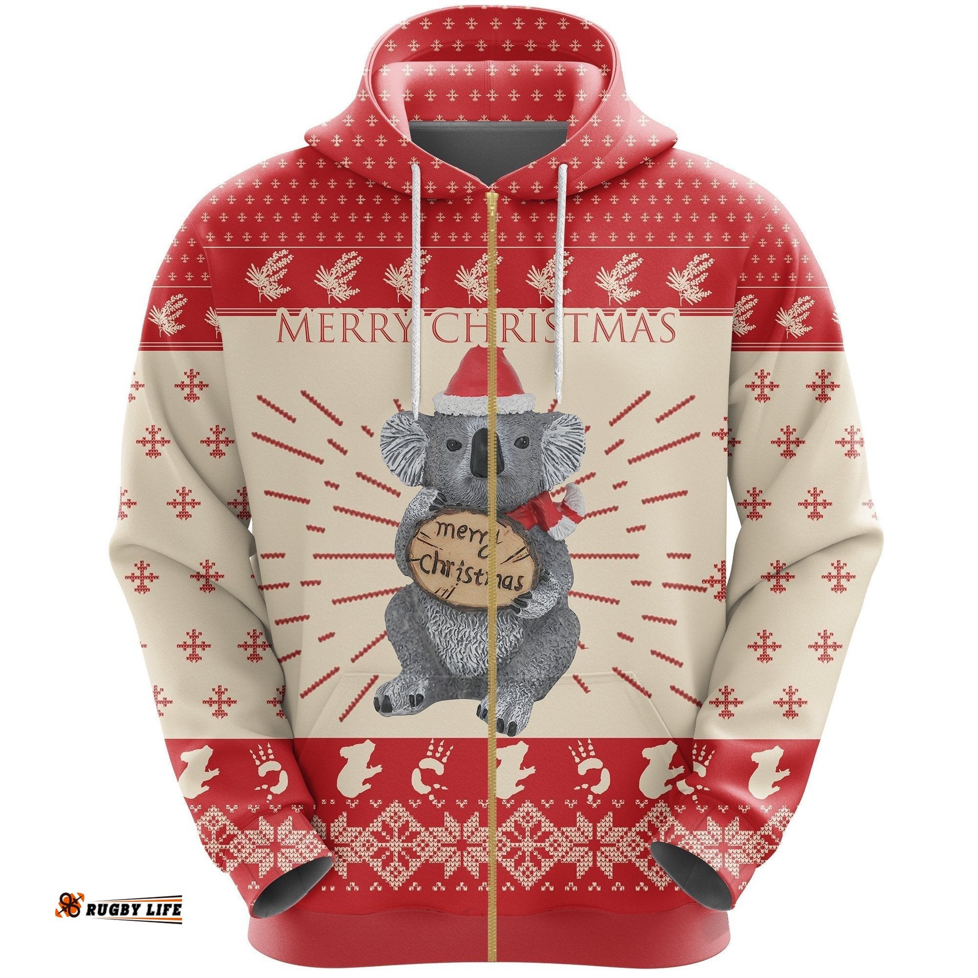 Christmas Zip Up Hoodie Koala Hoodie Kangaroo Snowflakes All Over Print Unisex
