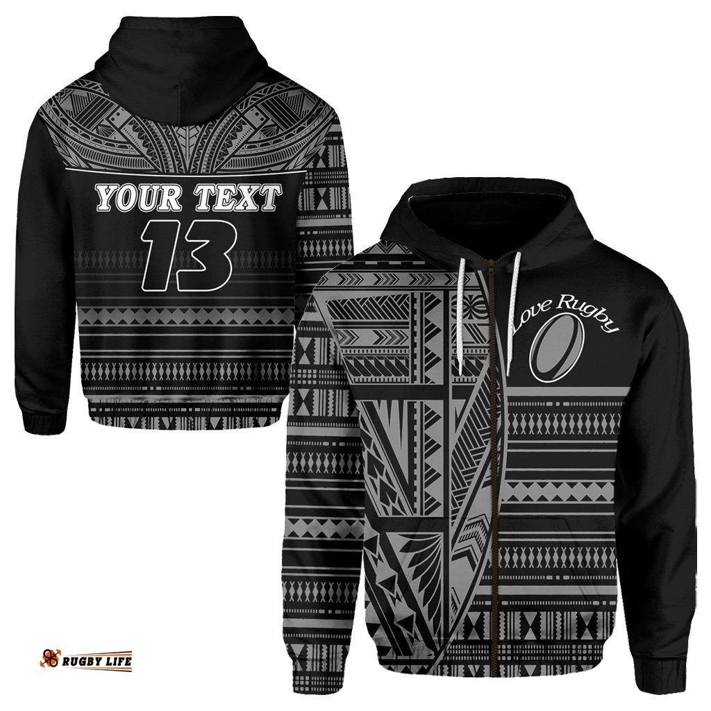 Custom Personalised Polynesian Rugby Zip Hoodie With Love Style Gray Custom Text and Number