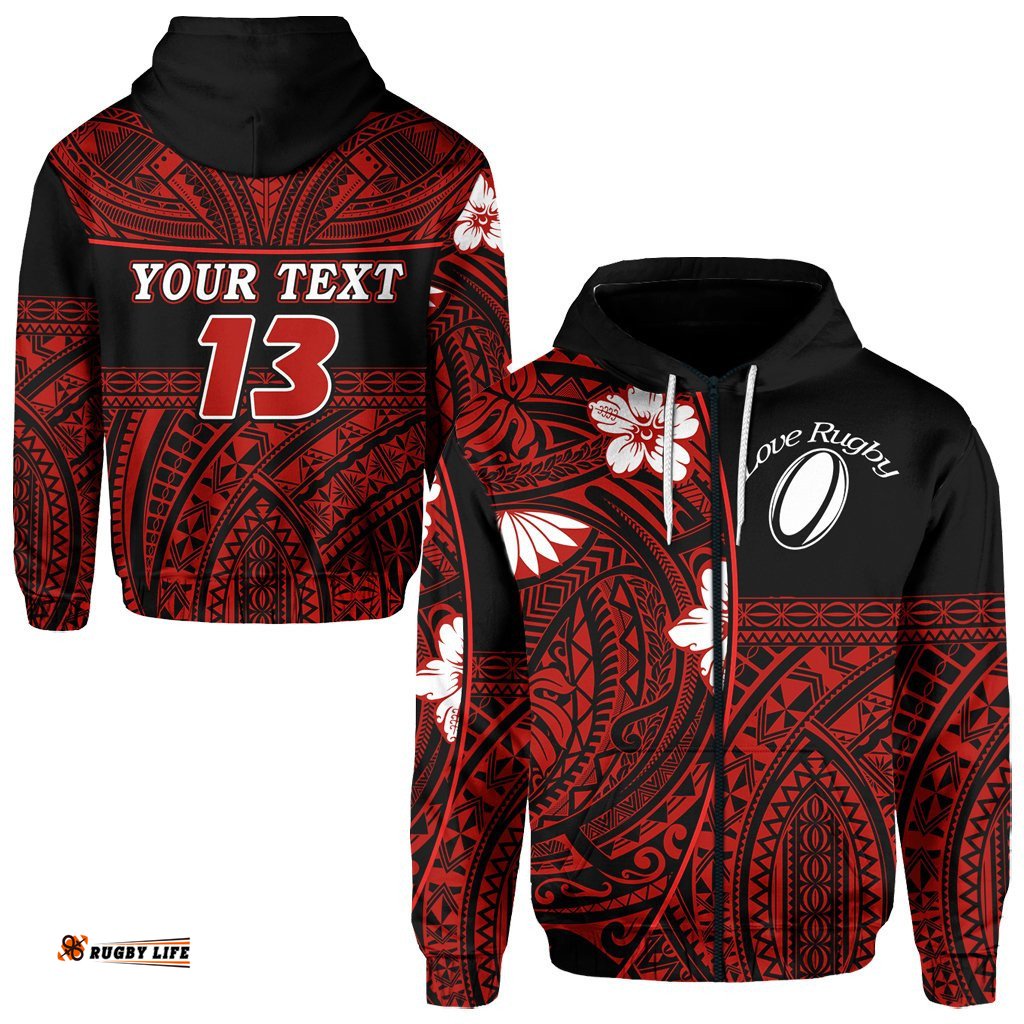Custom Personalised Polynesian Rugby Zip Hoodie Love Red Custom Text and Number