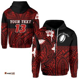 Custom Personalised Polynesian Rugby Zip Hoodie Love Red Custom Text and Number