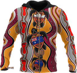 Aboriginal Zip Up Hoodie, Turtle Patterns Aus Flag Footprint Dot Painting