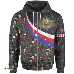 Zip Up Hoodie, Australia Coat Of Arms with Waratah Patterns