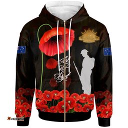ANZAC Zip Up Hoodie Remembrance Poppy Flowers
