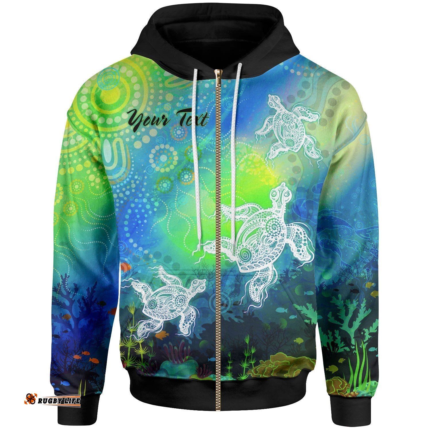 Custom Text Aboriginal Zip Up Hoodie Indigenous Turtle Ocean Dot Painting Art
