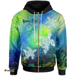 Custom Text Aboriginal Zip Up Hoodie Indigenous Turtle Ocean Dot Painting Art