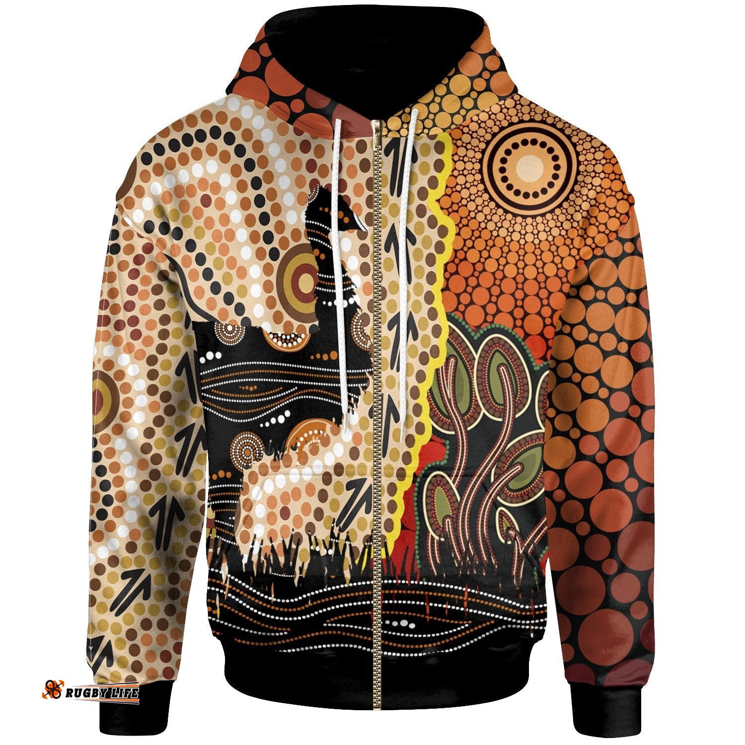 Zip Up Hoodie Australian Aboriginal Sun and Emu