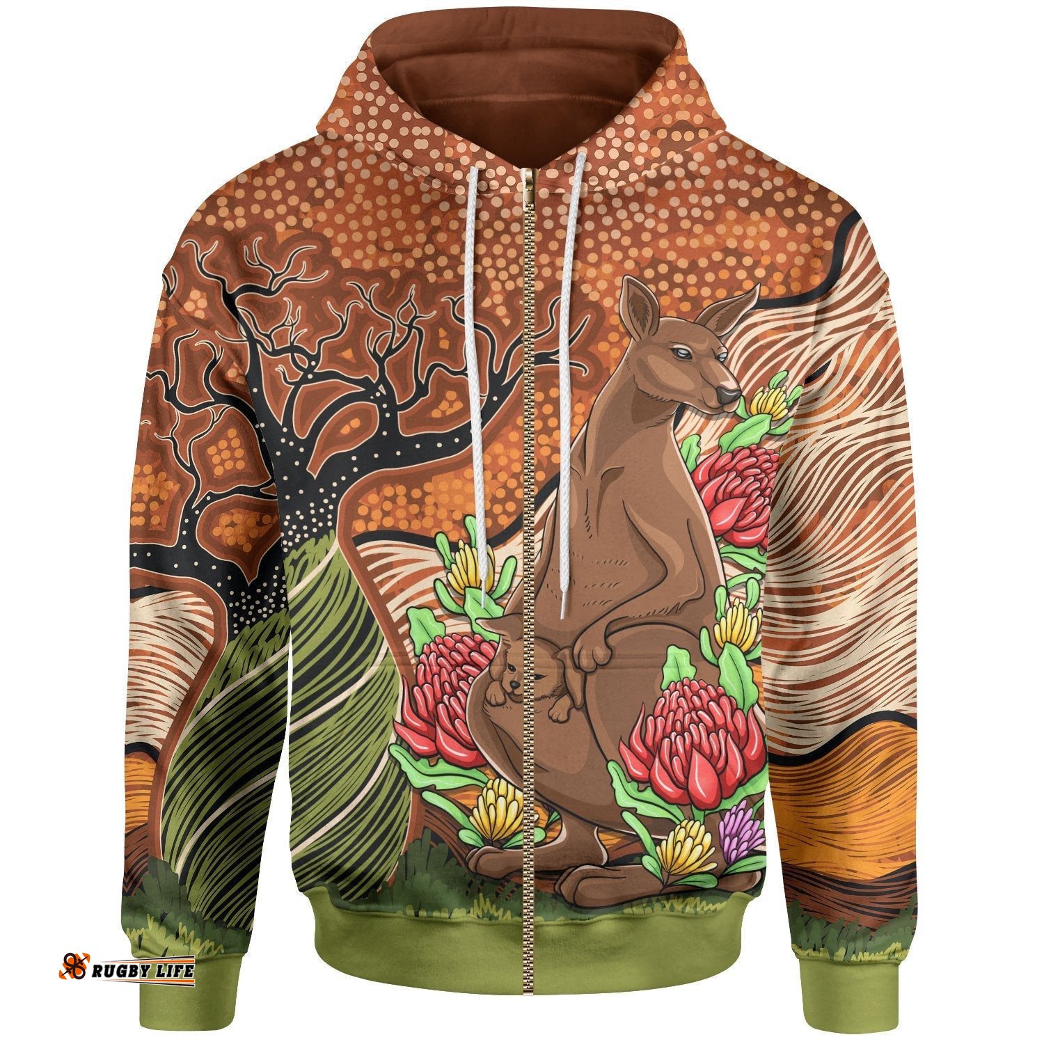 Aboriginal Zip Up Hoodie Kangaroo With Indigenous Tree 06