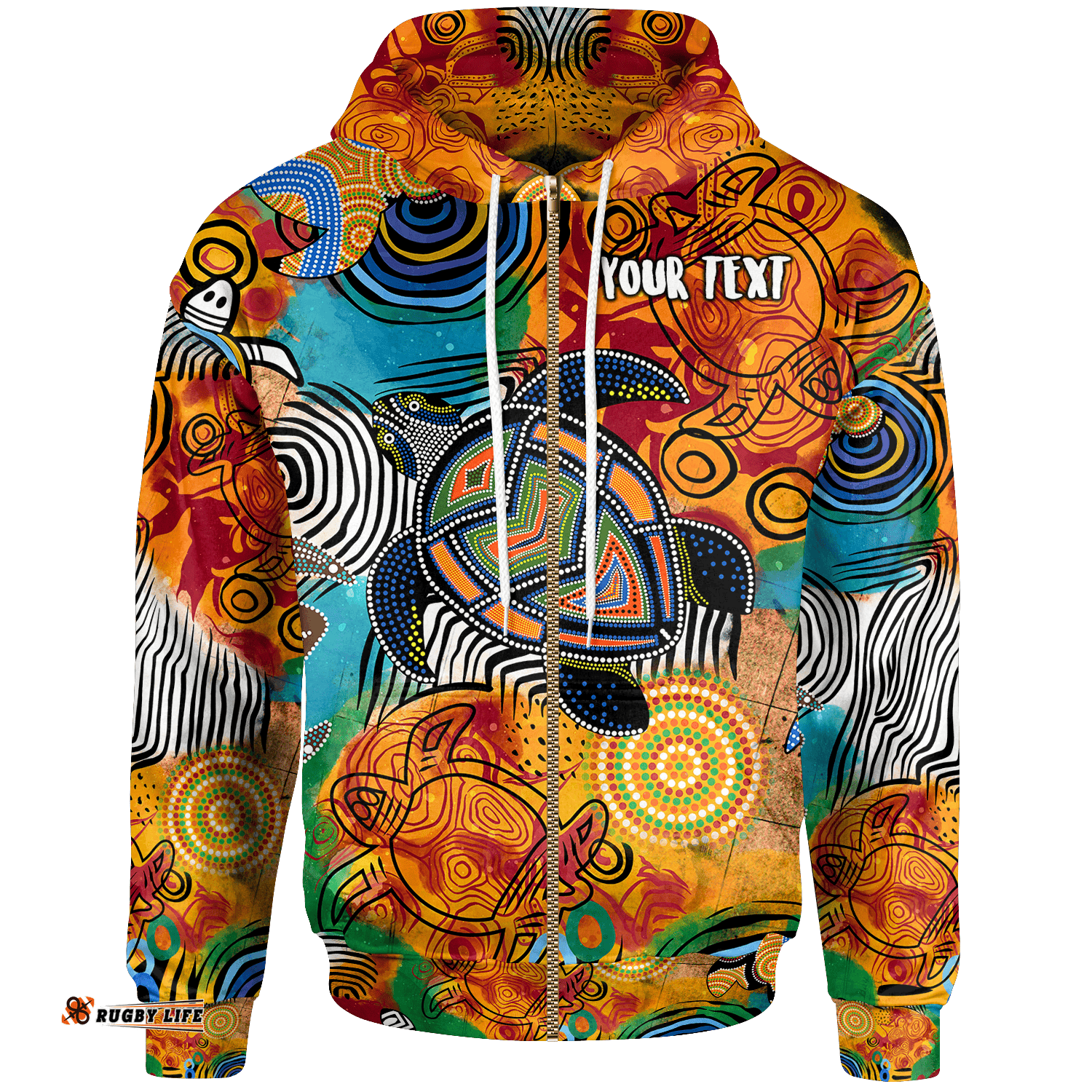 Custom Your Text Aboriginal Personalised Zip Up Hoodie Turtle Indigenous Art