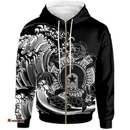 Aboriginal Zip Up Hoodie, Torres Strait Islands in Wave Black