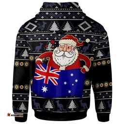 Christmas Personalised Zip Up Hoodie Australia Santa Claus Hold The Flag Black 01
